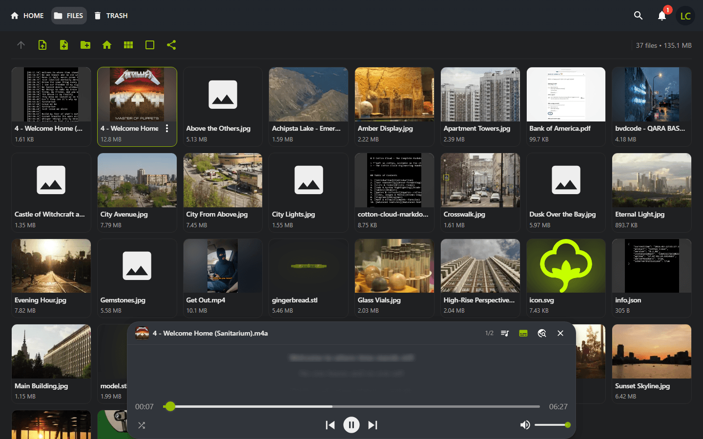 Cotton audio player with waveform, embedded cover art and synced lyrics
