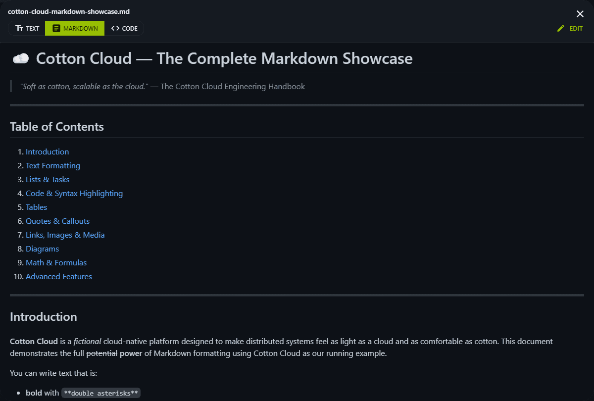 Cotton markdown preview with rendered headings, syntax-highlighted code, and a side table of contents